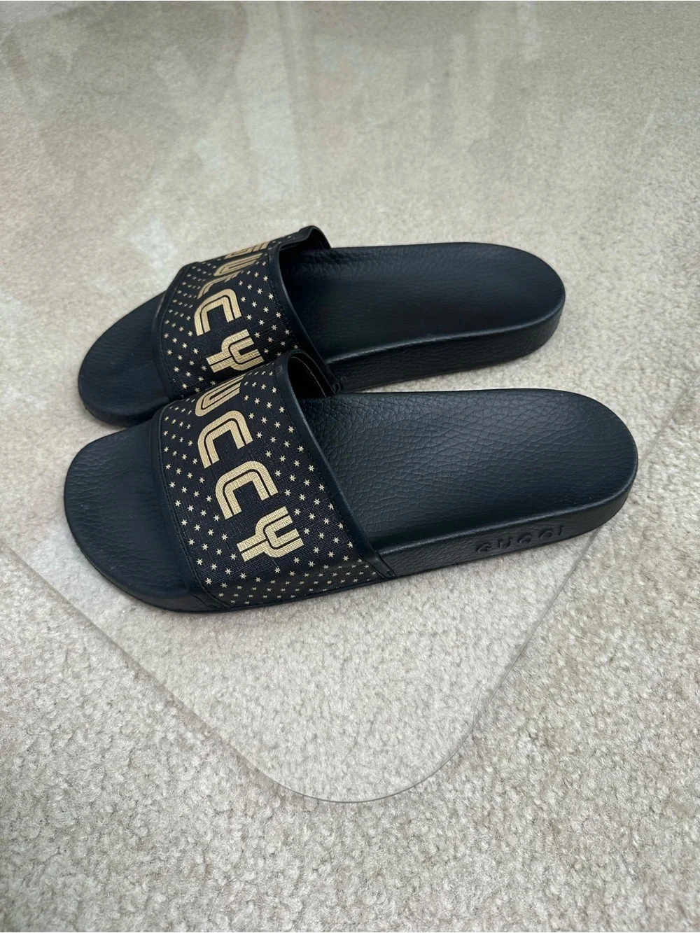 GUCCI GUCCY SEGA STARS BLACK GOLD MEN LEATHER RUBBER SLIDES SZ 11